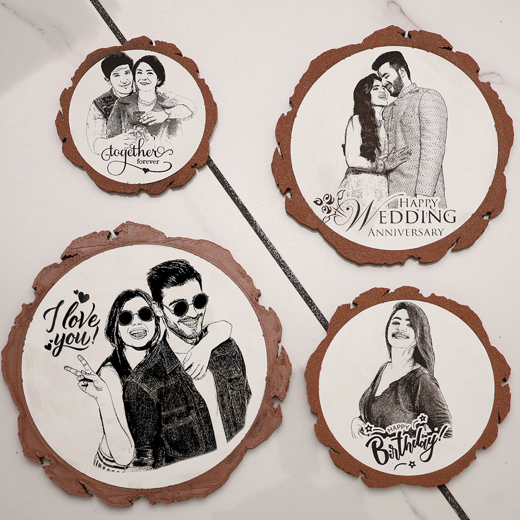 Artificial Wooden Engraved Plaque with 3D printed bark for Wedding Anniversary