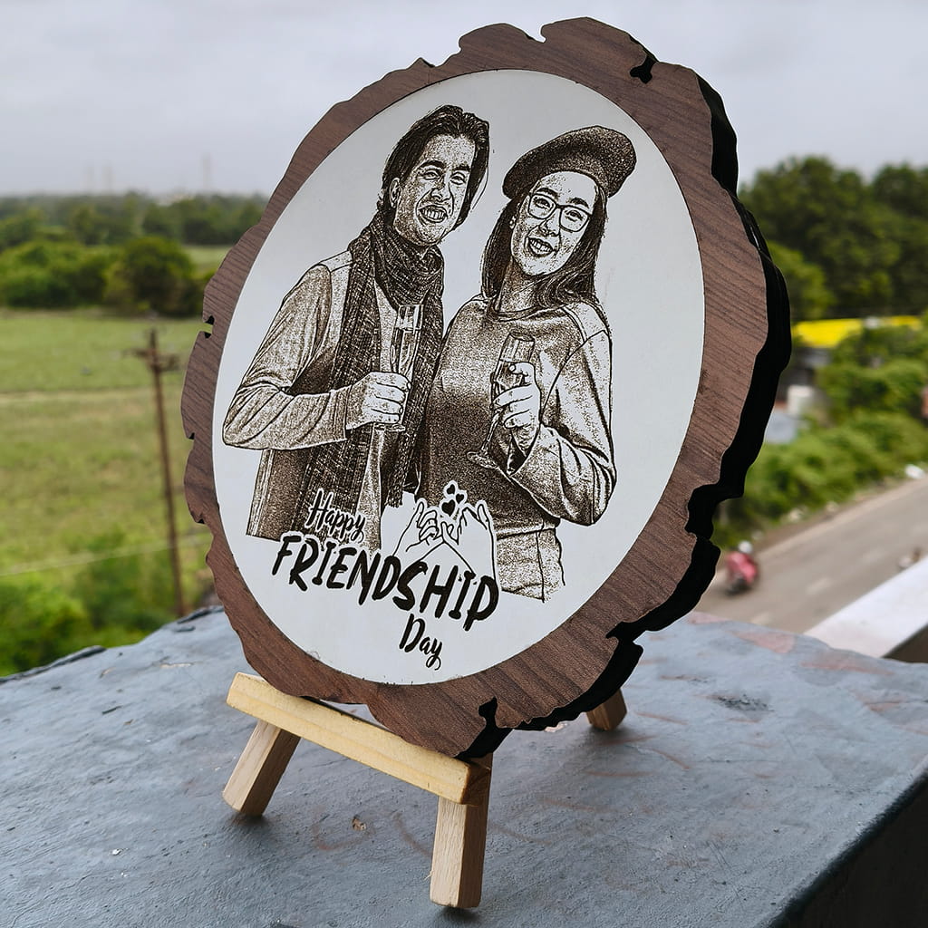 Artificial Wooden Engraved Plaque Photo Frame with bark | Friendship Day