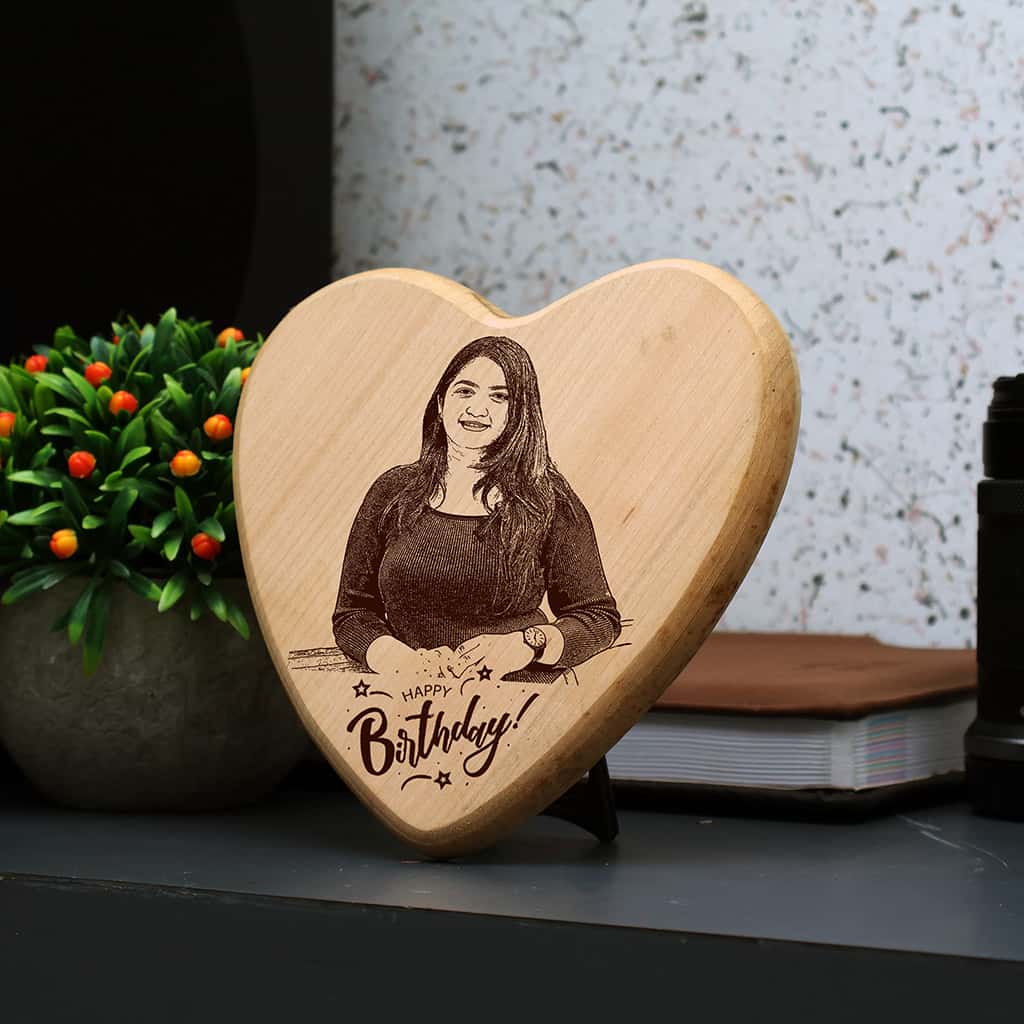 Heart shape Wooden Engraved Photo Frame for Happy Birthday