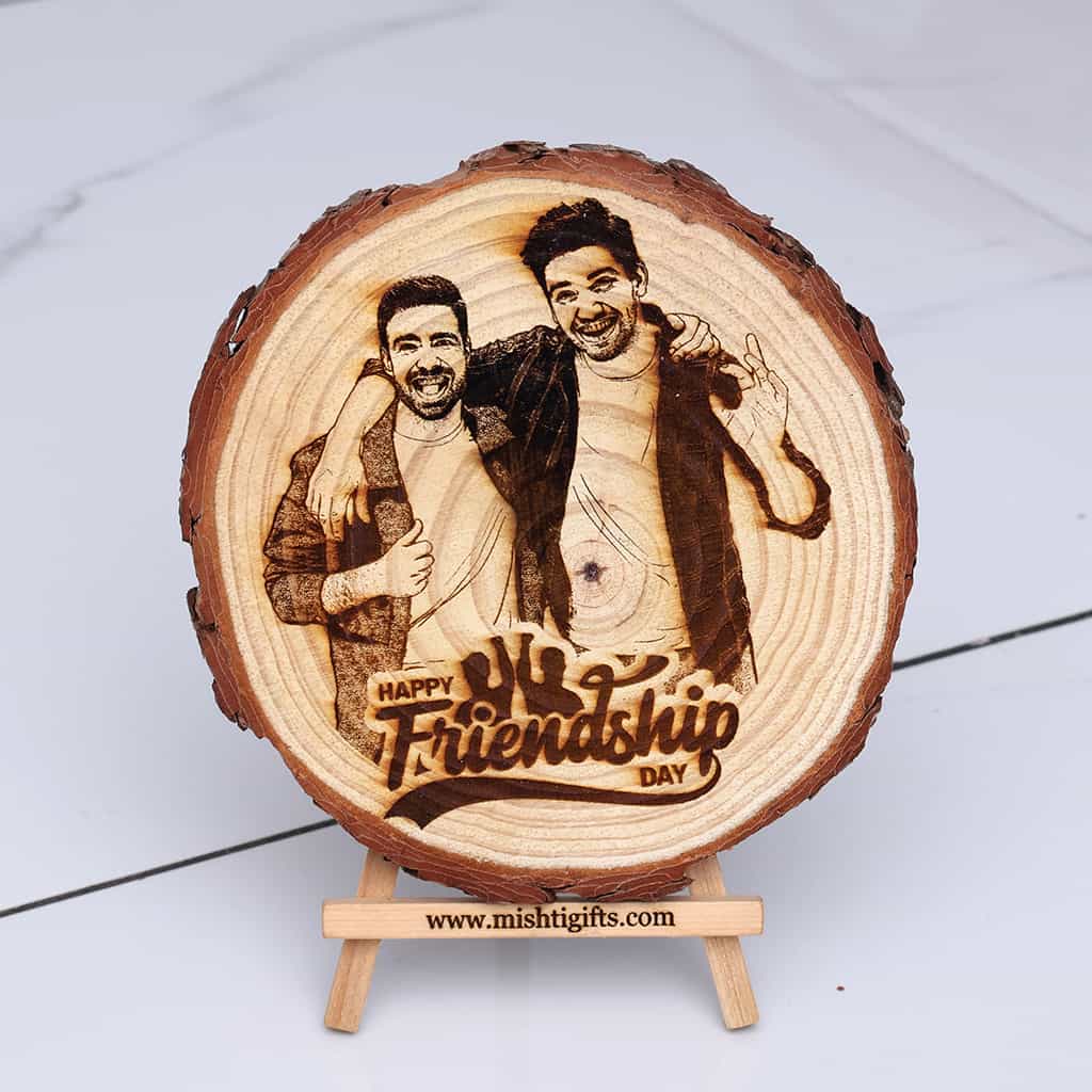Himalayan Natural Wooden Slice Engraved Frame - Friendship Day