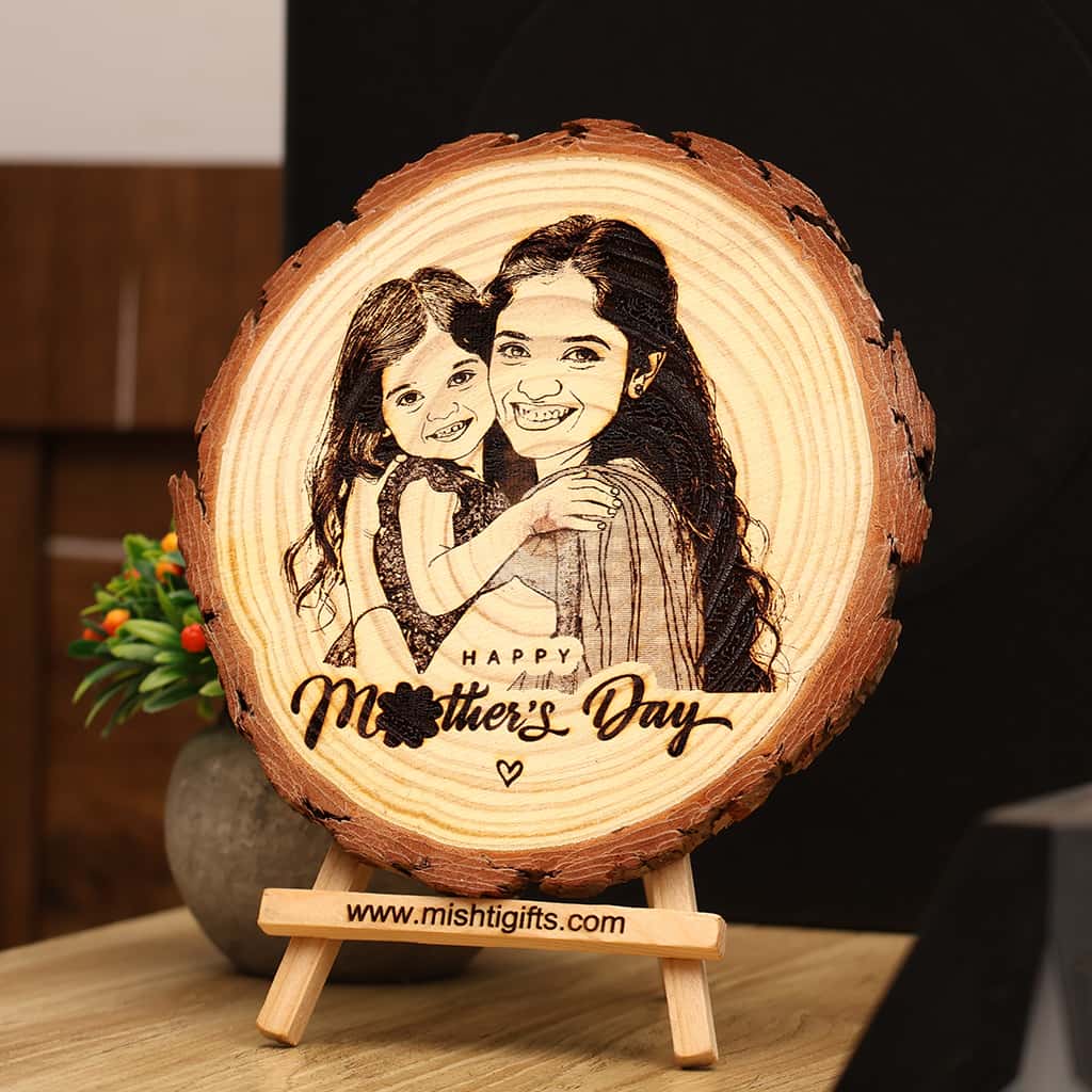 Himalayan Natural Wooden Slice Engraved Photo Frame For Mother's Day