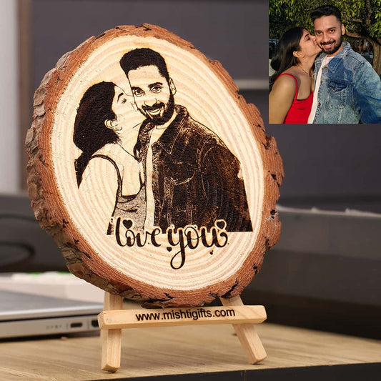 Himalayan Natural Wooden Slice Photo Engraved Frame | I Love You