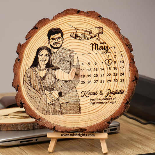 Himalayan Natural Wooden Slice Photo Engraved Frame | Save The Date