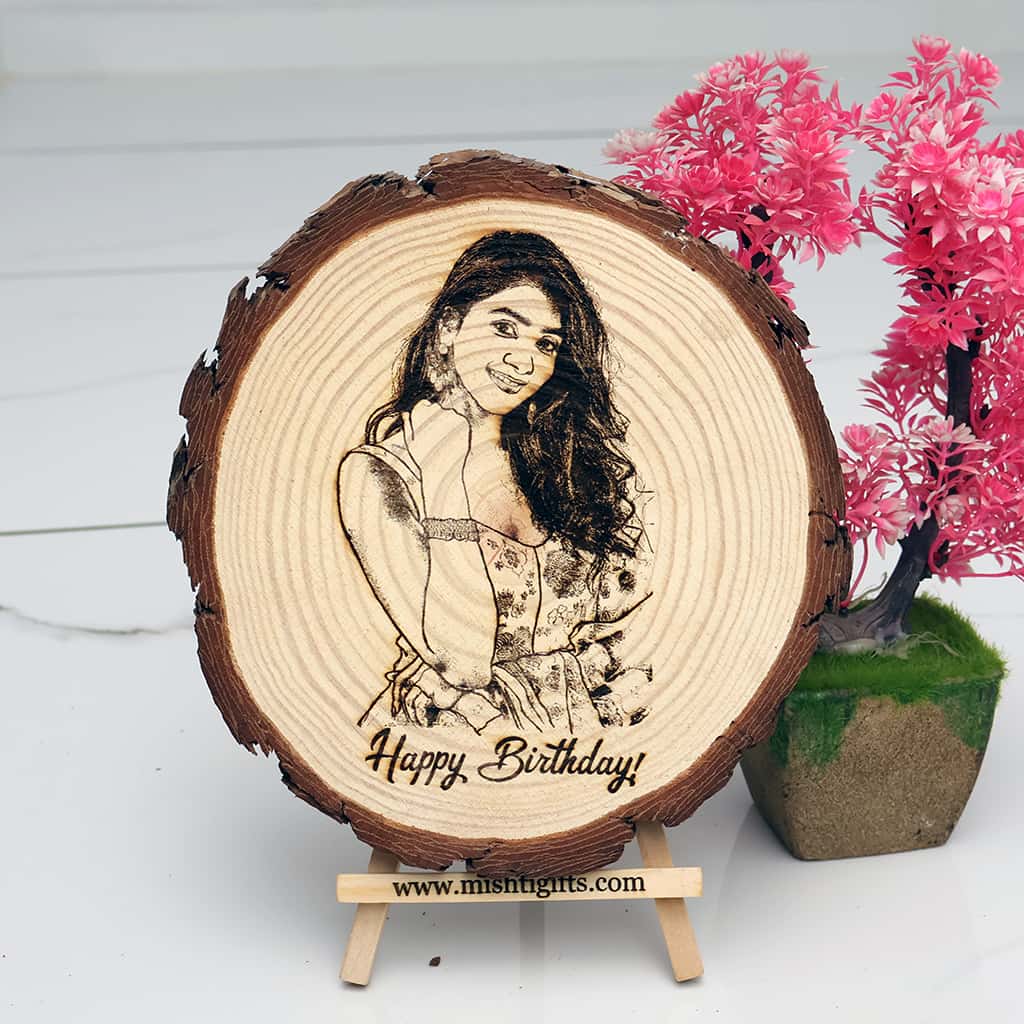 Himalayan Wooden Slice Photo Engraved Frame – Happy Birthday