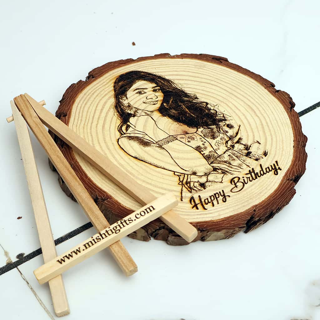 Himalayan Wooden Slice Photo Engraved Frame – Happy Birthday