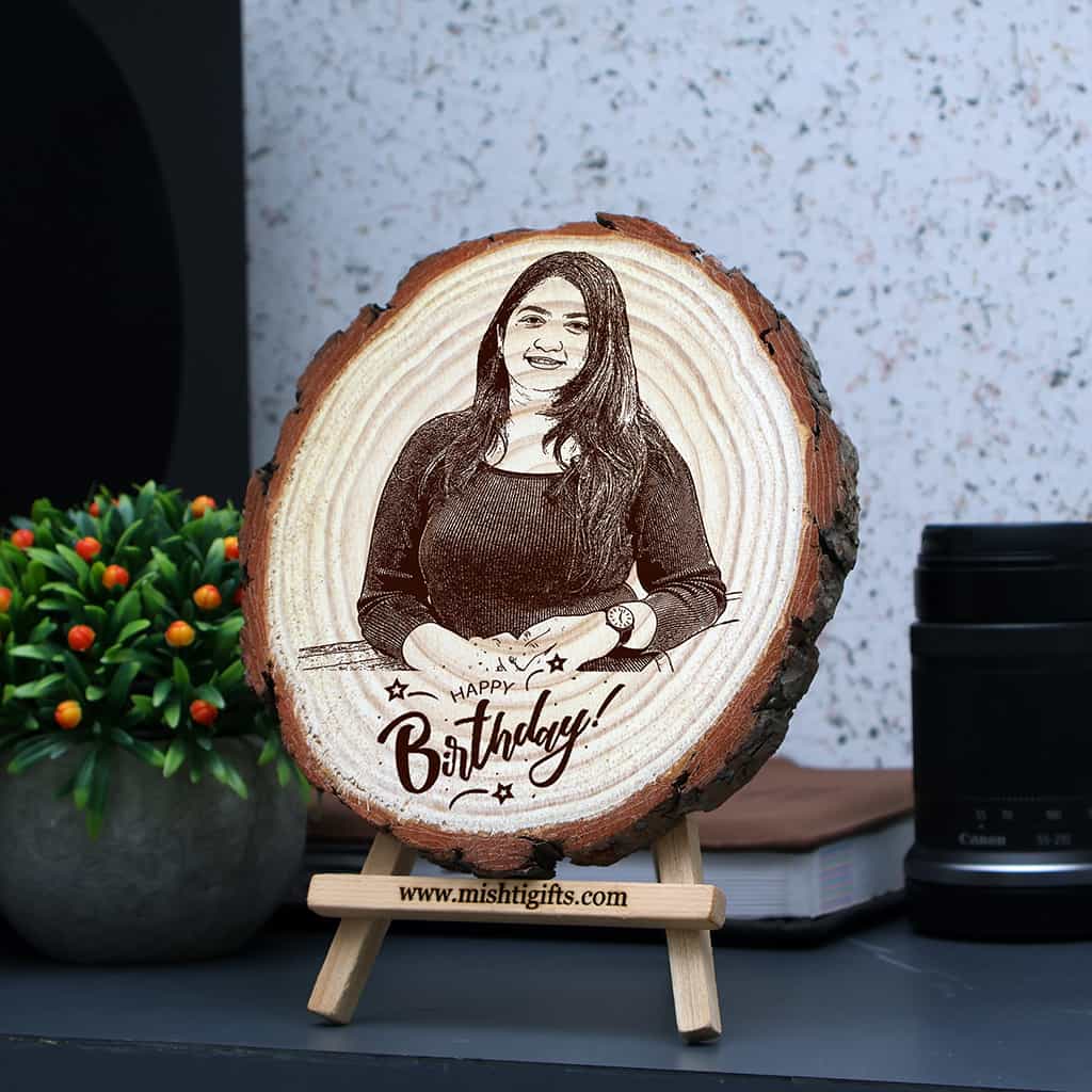 Himalayan Wooden Slice Photo Engraved Frame – Happy Birthday