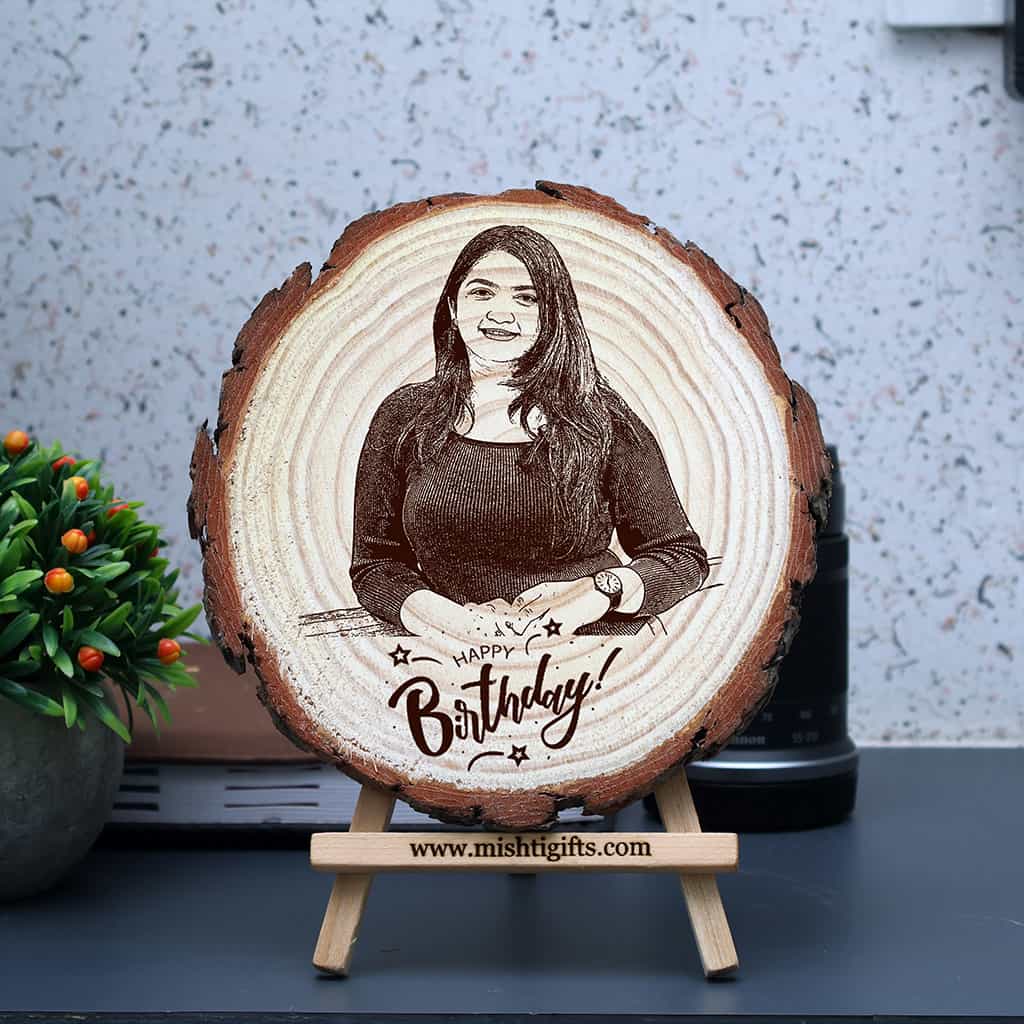 Himalayan Wooden Slice Photo Engraved Frame – Happy Birthday