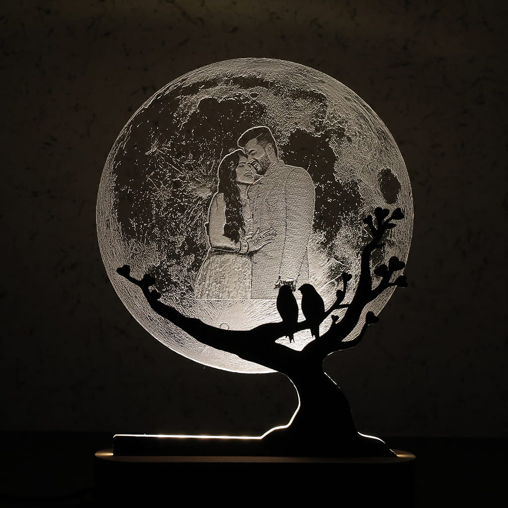 Moon LED Acryllic Lamp Laser Engraved Photo with Wooden Base