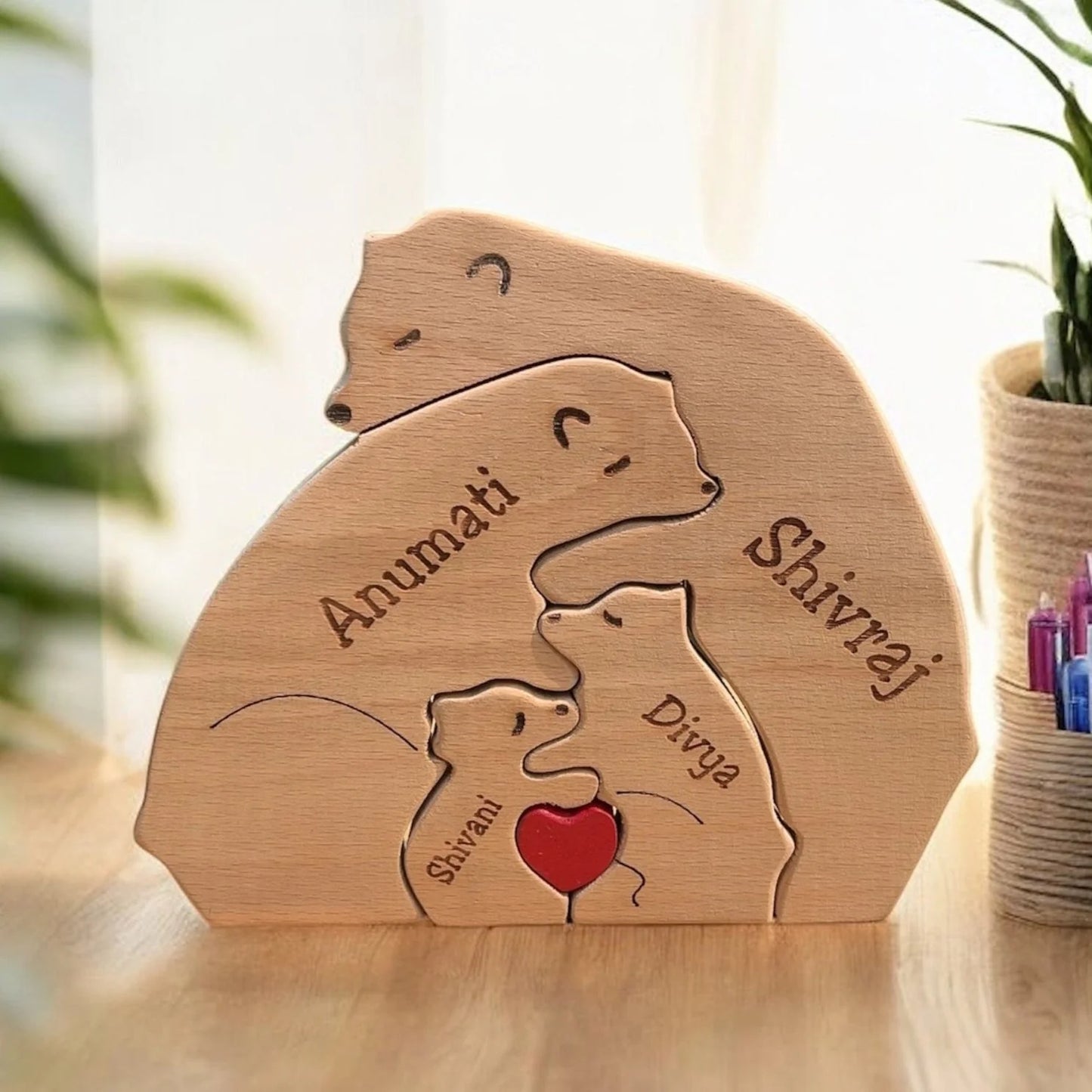Personalised Natural Wood Bear Family Name
