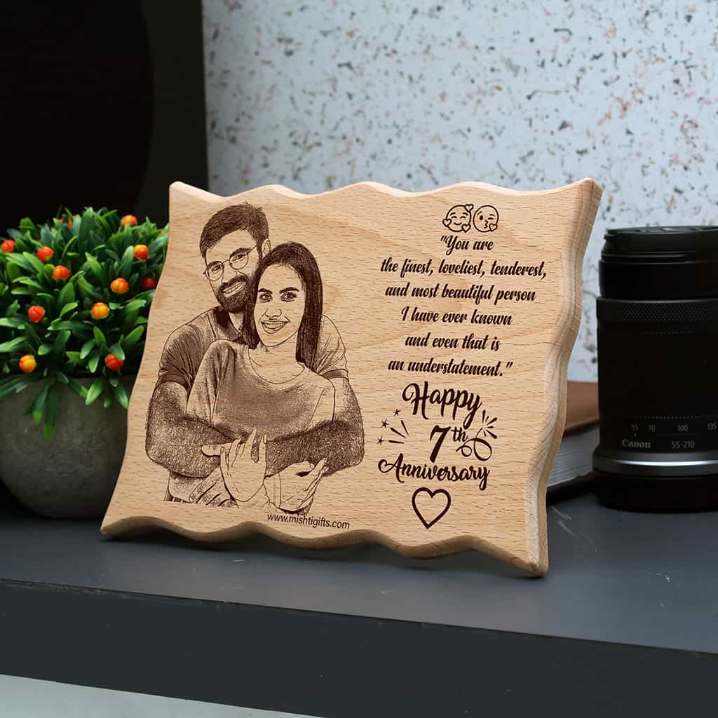Laser Engraved Wave shape Wooden photo frame for Happy Anniversary