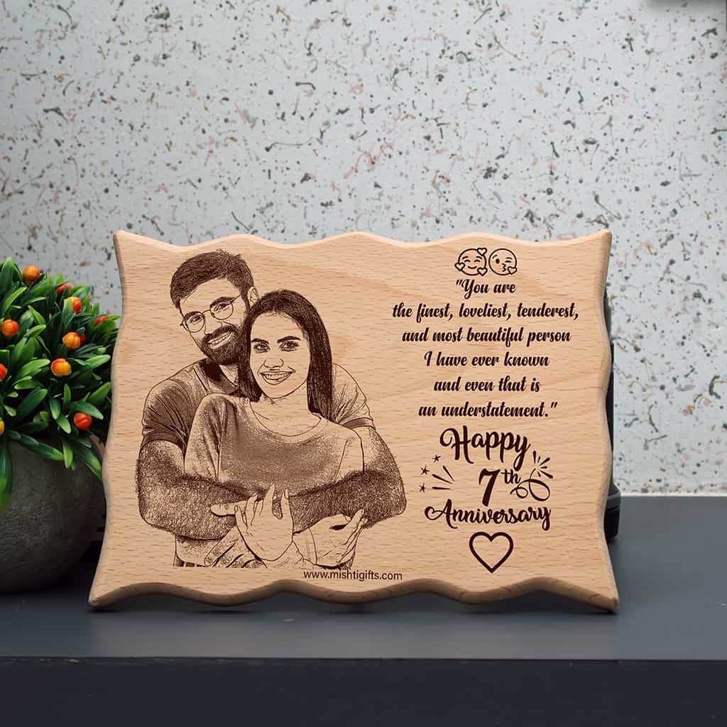Laser Engraved Wave shape Wooden photo frame for Happy Anniversary