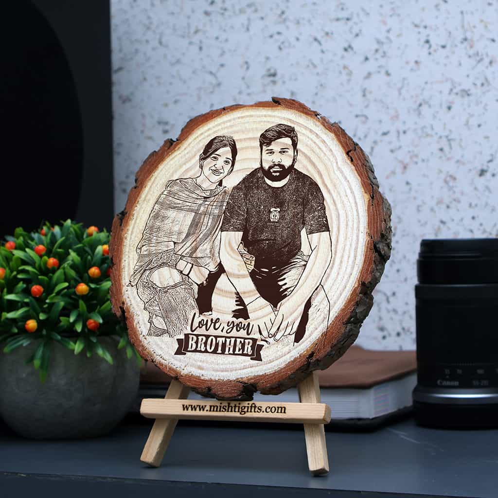 RakshaBandhan Natural Wooden Slice Engraved Photo Frame- Love You