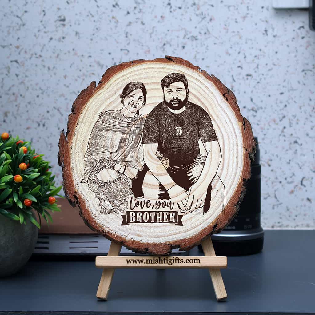 RakshaBandhan Natural Wooden Slice Engraved Photo Frame- Love You