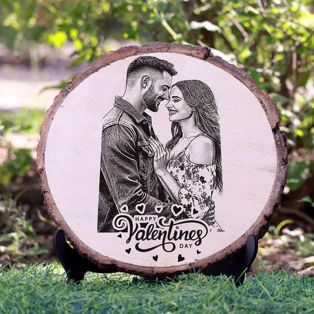 Natural Wooden Engraved Plaque with bark for Valentine's Day