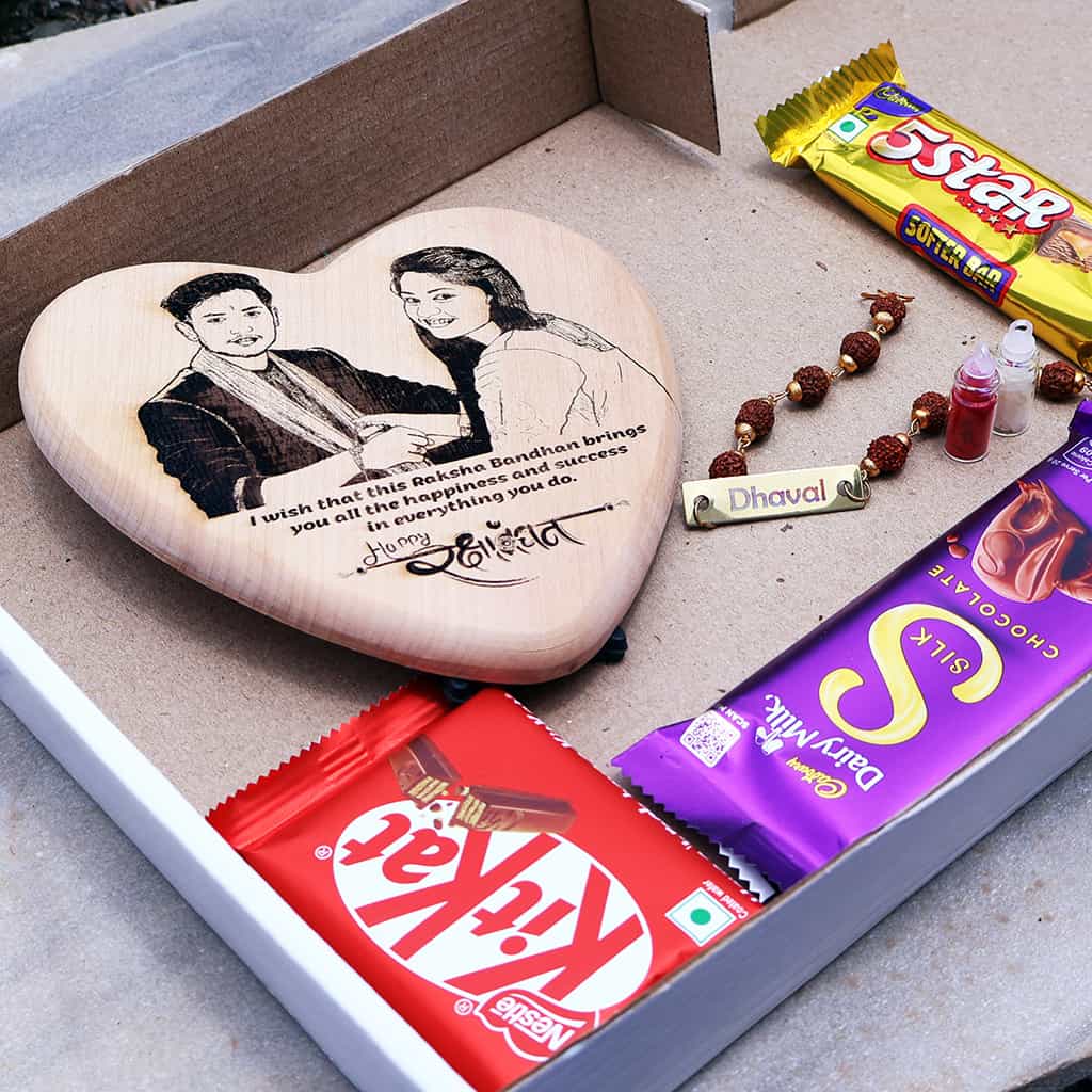 RakshaBandhan Gift Combo with Heart Shape Wooden Frame and Rakhi