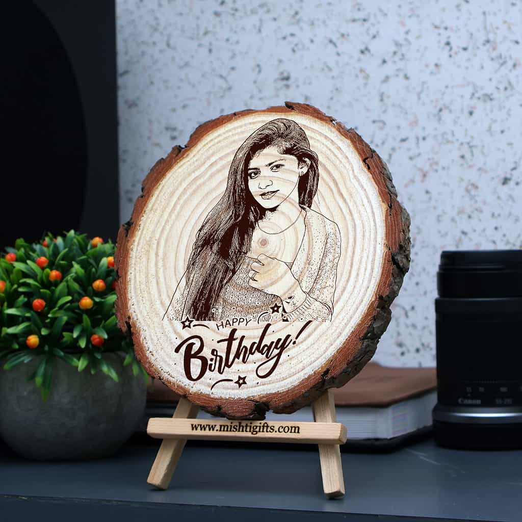 Himalayan Wooden Slice Photo Engraved Frame – Happy Birthday