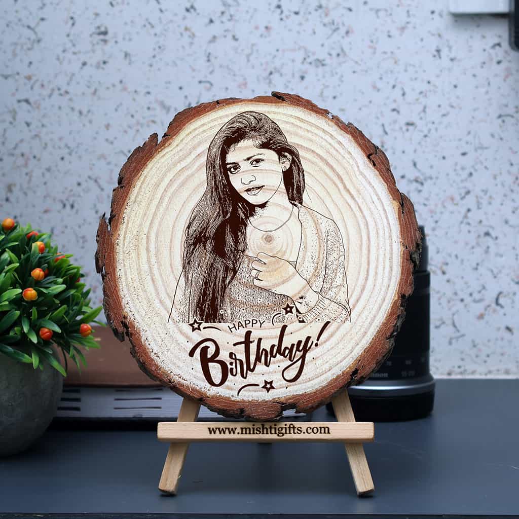 Himalayan Wooden Slice Photo Engraved Frame – Happy Birthday