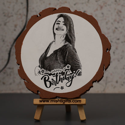Artificial Wooden Engraved Plaque with 3D printed bark for Happy Birthday Gifts