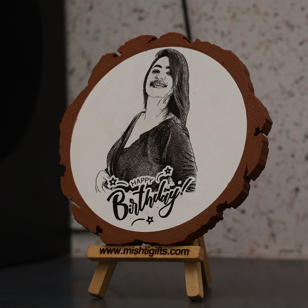 Artificial Wooden Engraved Plaque with 3D printed bark for Happy Birthday Gifts