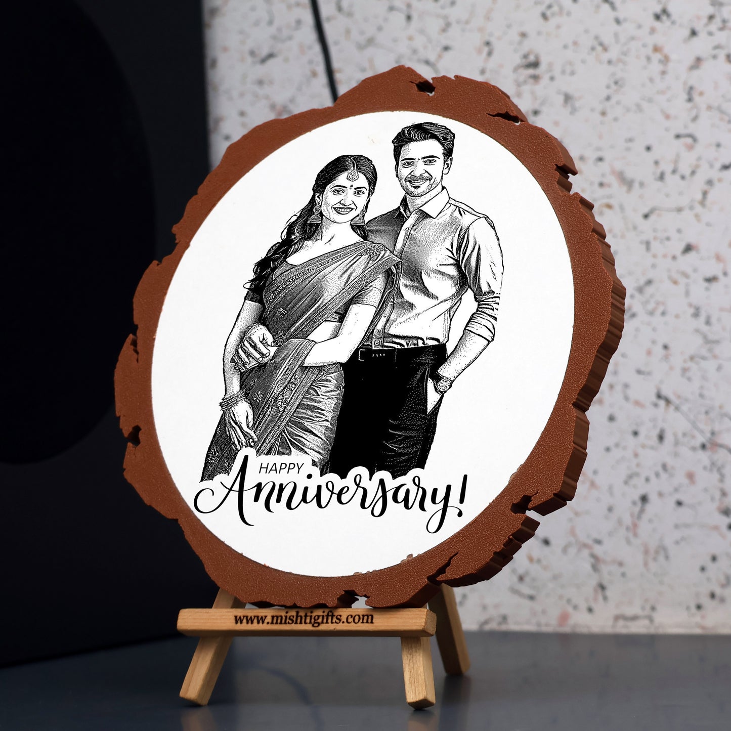 Artificial Wooden Engraved Plaque with 3D printed bark for Happy Anniversary