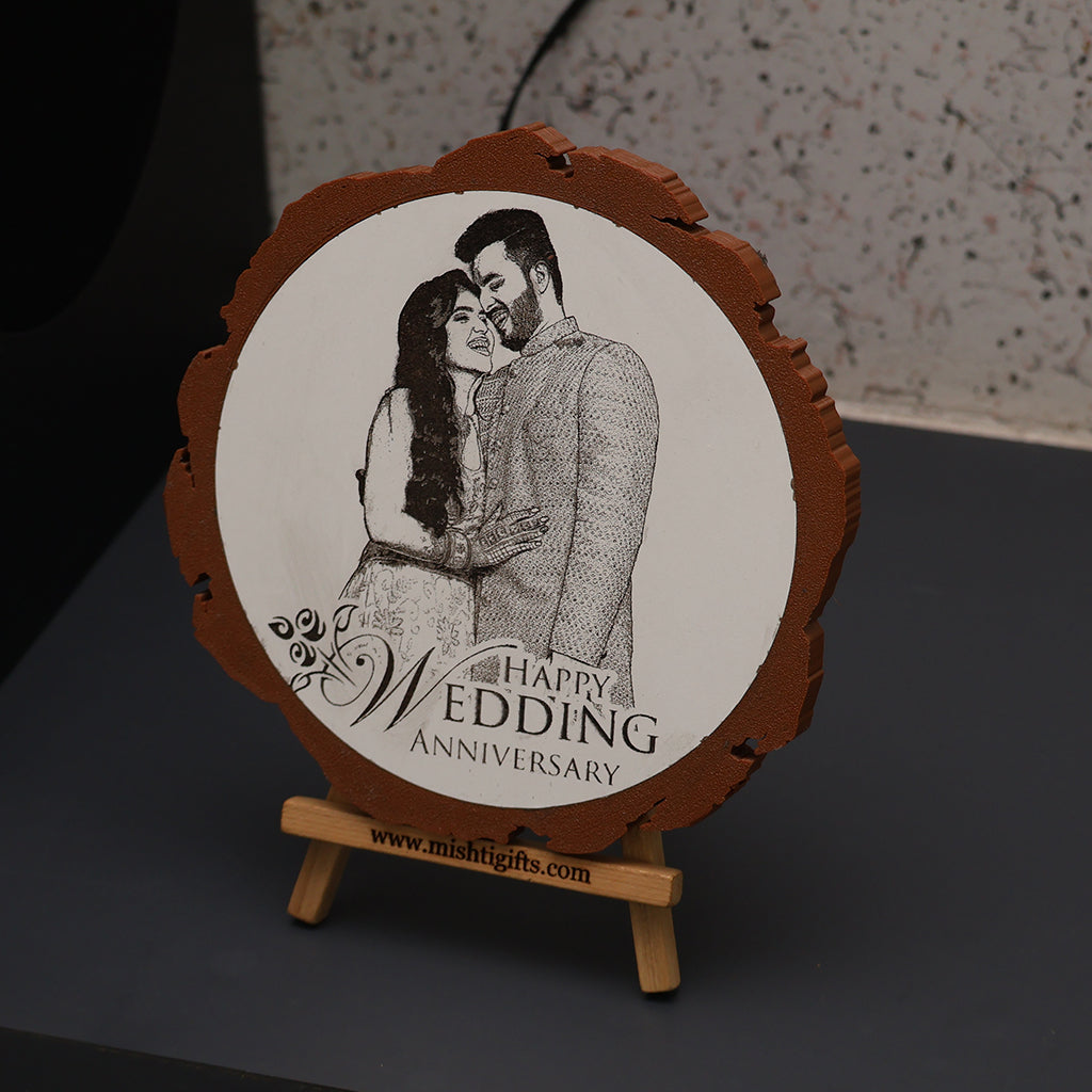 Artificial Wooden Engraved Plaque with 3D printed bark for Wedding Anniversary