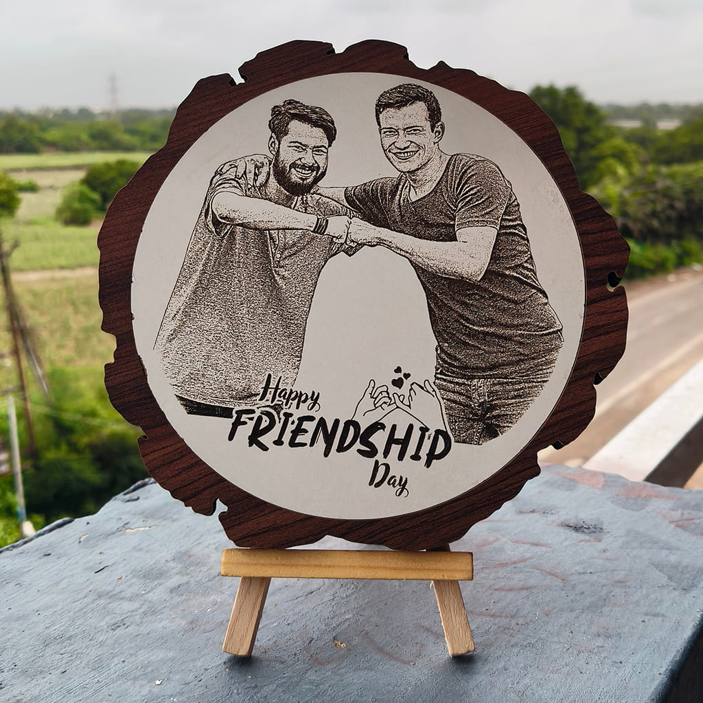 Artificial Wooden Engraved Plaque Photo Frame with bark | Friendship Day