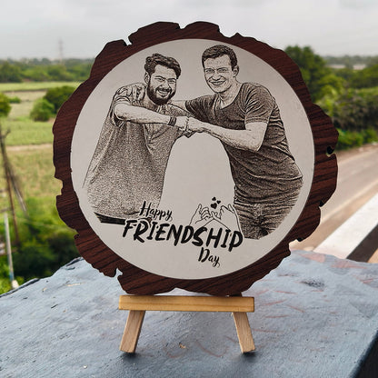 Artificial Wooden Engraved Plaque Photo Frame with bark | Friendship Day