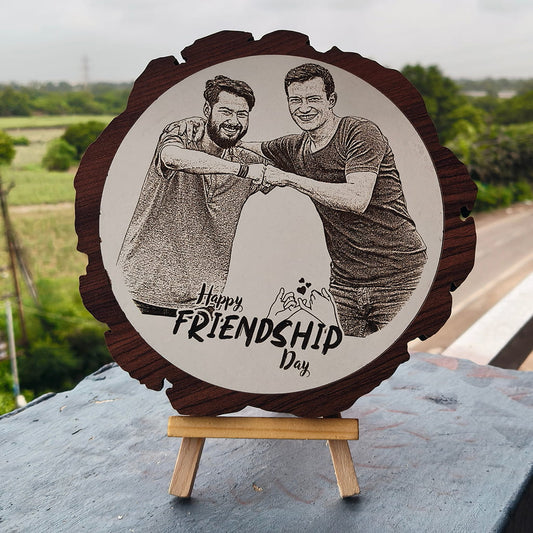 Artificial Wooden Engraved Plaque Photo Frame with bark | Friendship Day