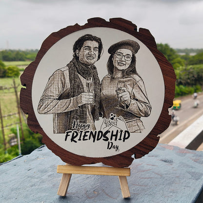 Artificial Wooden Engraved Plaque Photo Frame with bark | Friendship Day