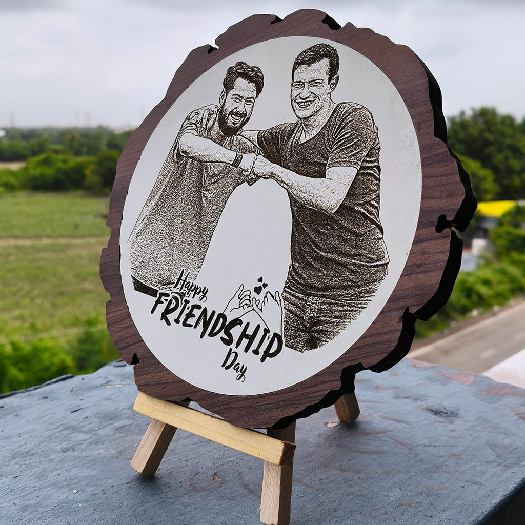 Artificial Wooden Engraved Plaque Photo Frame with bark | Friendship Day