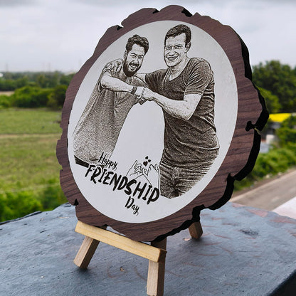 Artificial Wooden Engraved Plaque Photo Frame with bark | Friendship Day
