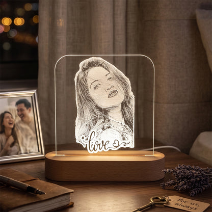 LED Acryllic Lamp Laser Engraved Photo with Wooden Base