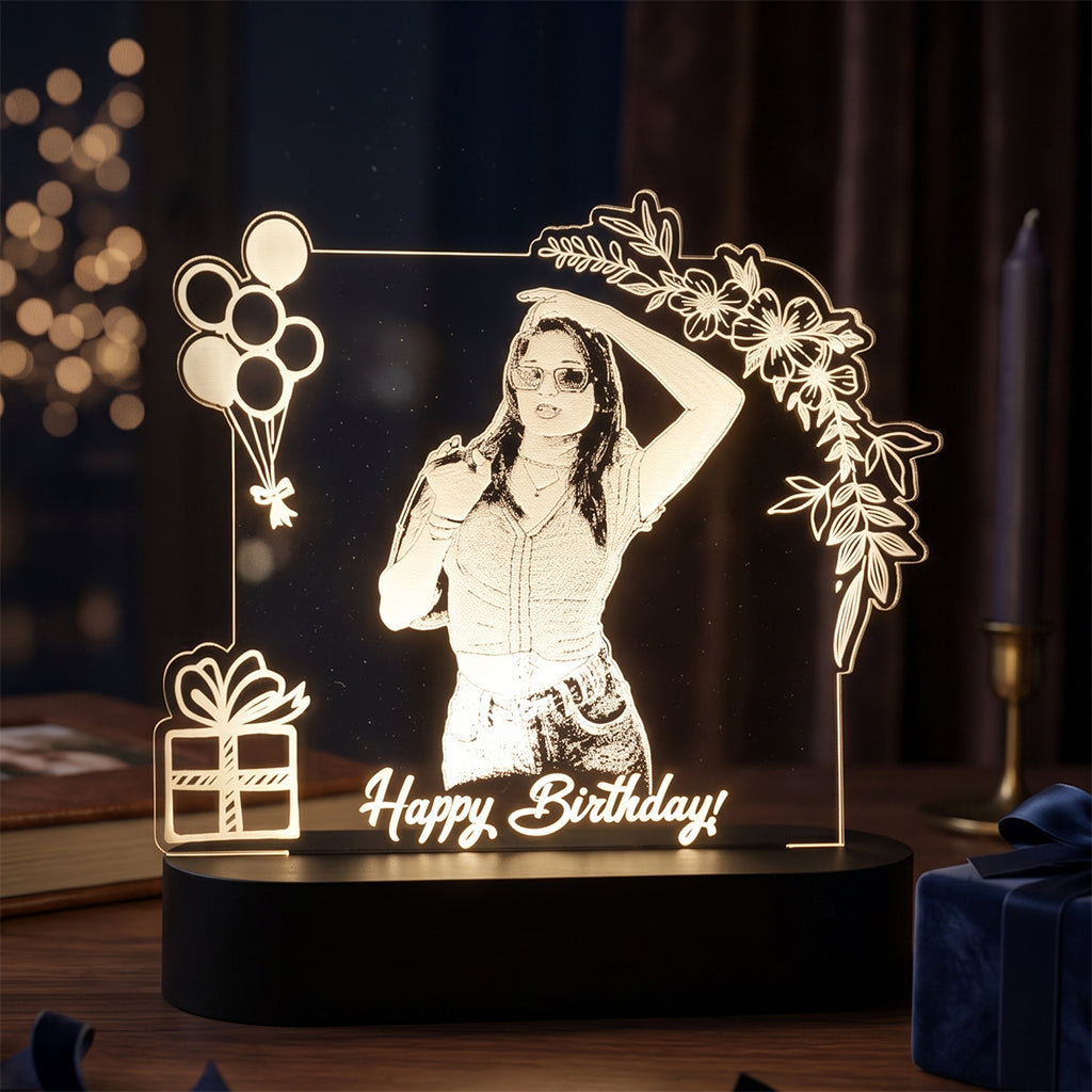 LED Acryllic Lamp Laser Engraved Photo with Wooden Base