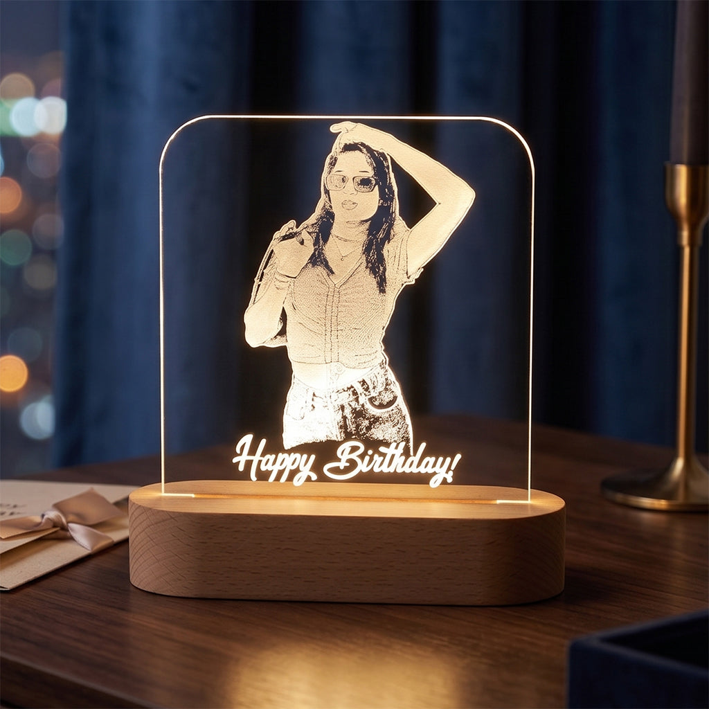 LED Acryllic Lamp Laser Engraved Photo with Wooden Base