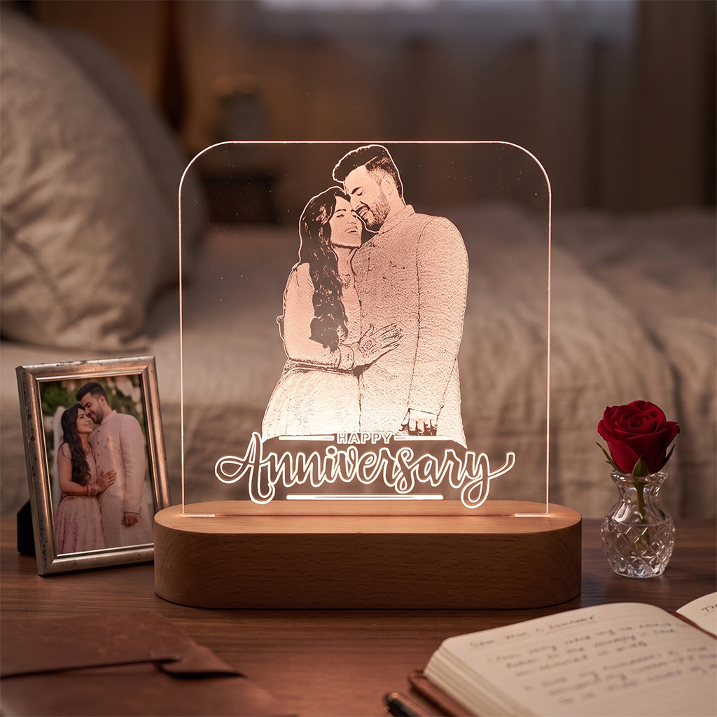LED Acryllic Lamp Laser Engraved Photo with Wooden Base