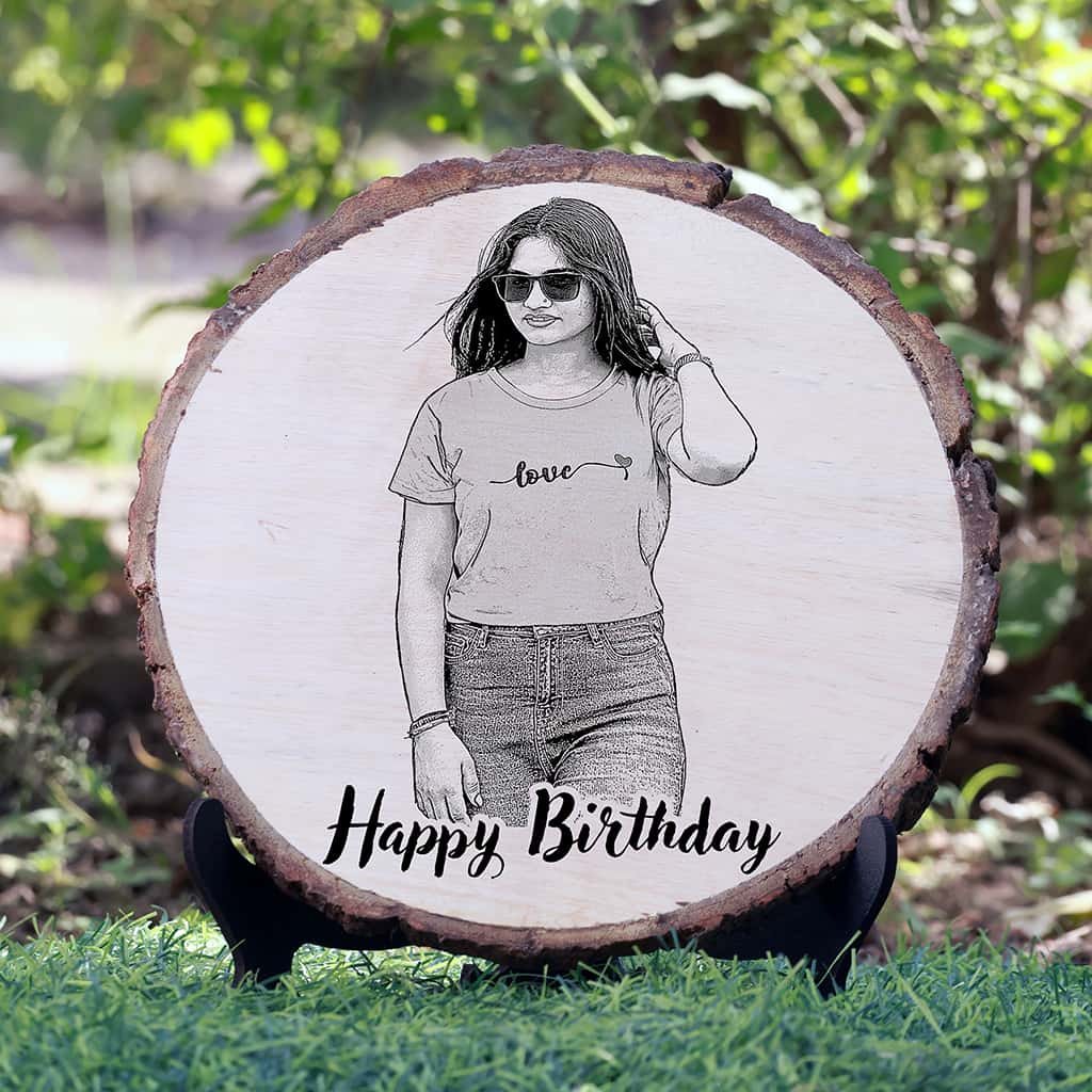 Natural Wooden Engraved Plaque with bark for Birthday