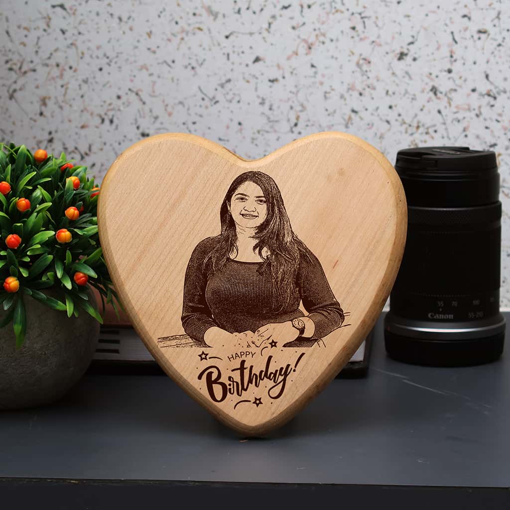 Heart shape Wooden Engraved Photo Frame for Happy Birthday – Mishti Gifts
