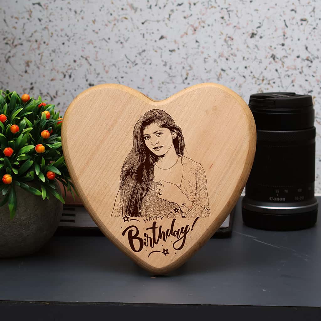 Heart shape Wooden Engraved Photo Frame for Happy Birthday