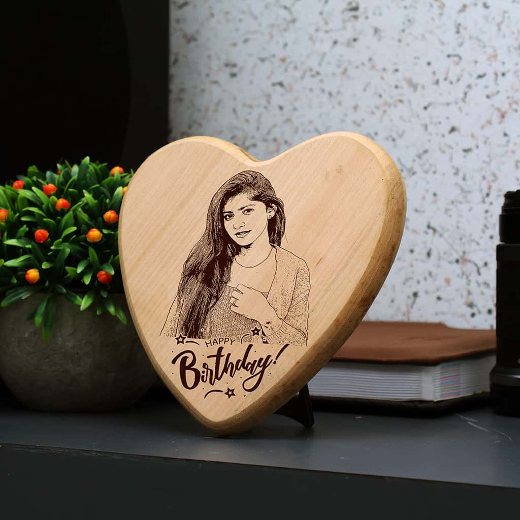 Heart shape Wooden Engraved Photo Frame for Happy Birthday