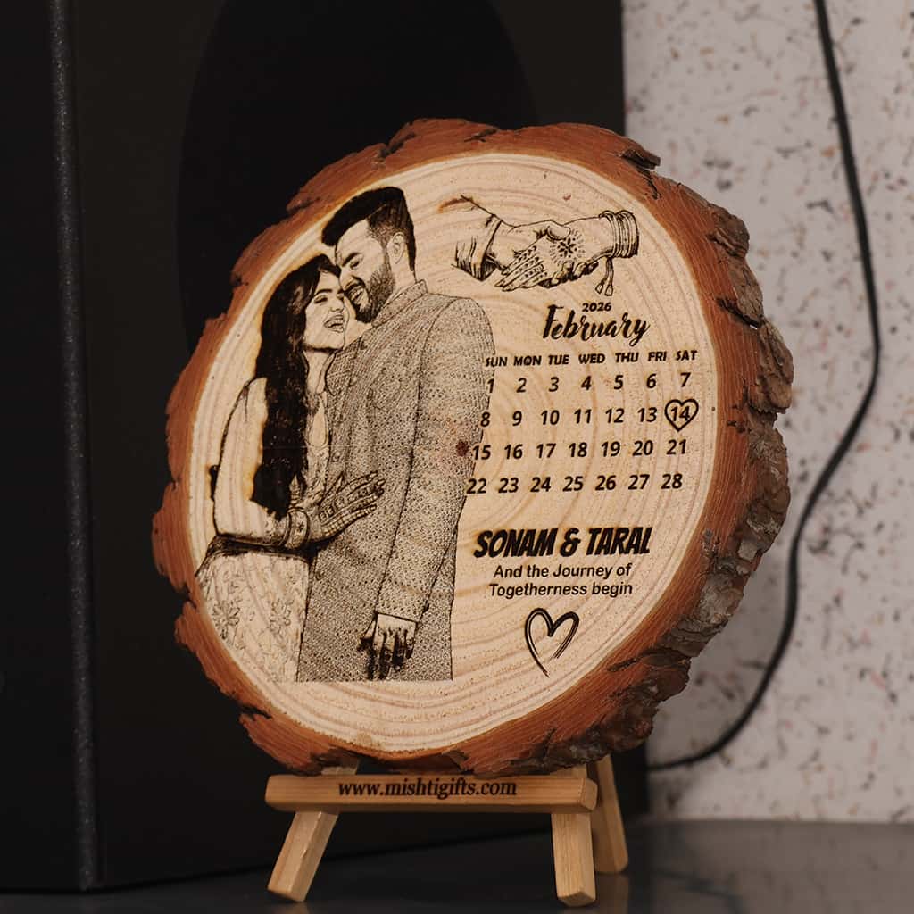 Himalayan Natural Wooden Slice Photo Engraved Frame | Save The Date