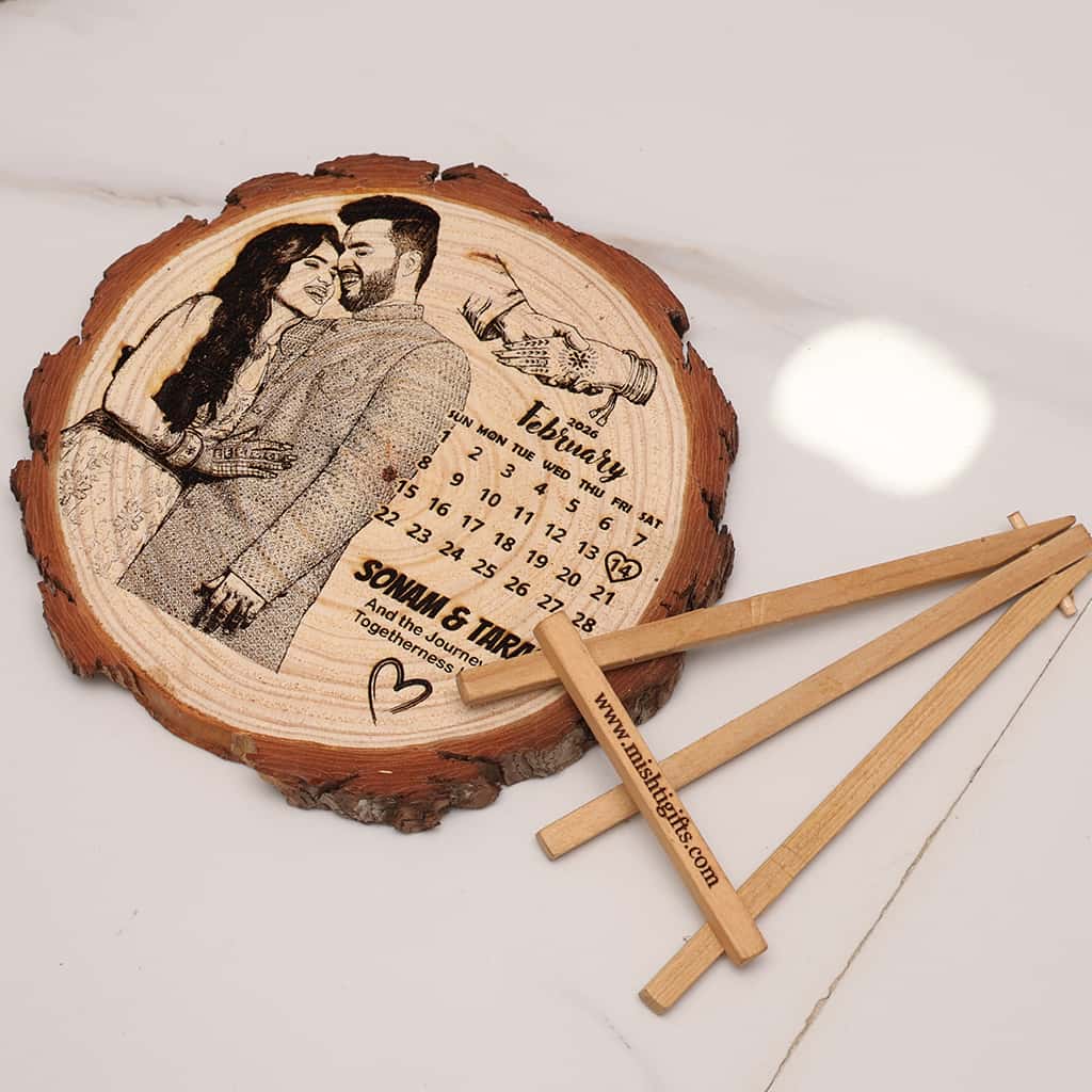 Himalayan Natural Wooden Slice Photo Engraved Frame | Save The Date