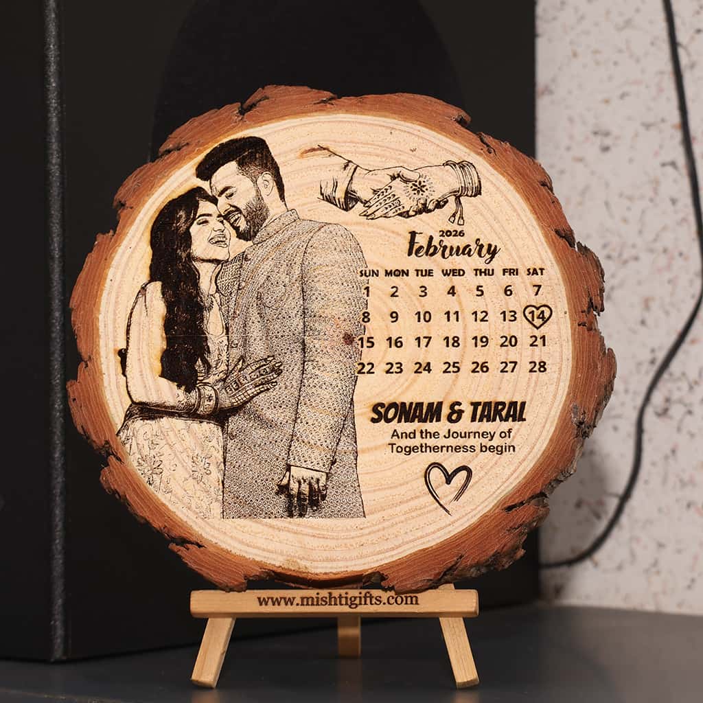 Himalayan Natural Wooden Slice Photo Engraved Frame | Save The Date