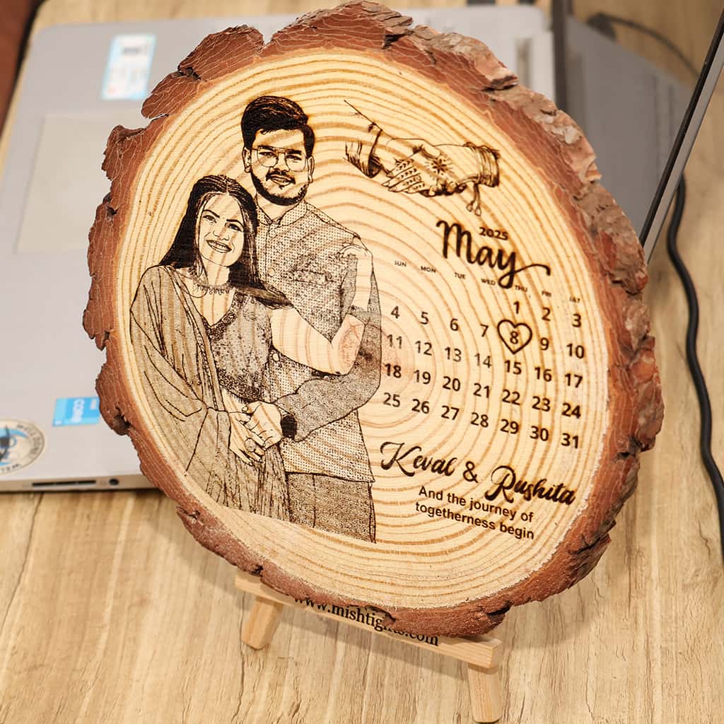 Himalayan Natural Wooden Slice Photo Engraved Frame | Save The Date