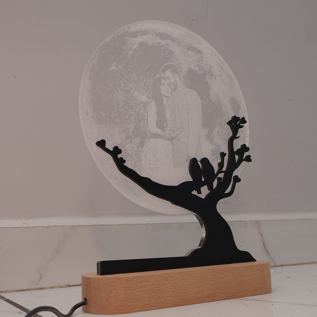 Moon LED Acryllic Lamp Laser Engraved Photo with Wooden Base