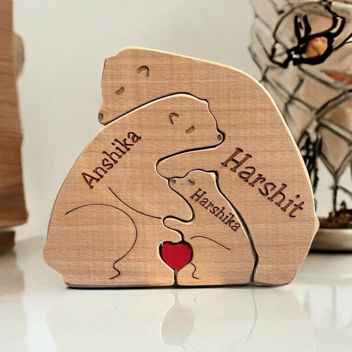Personalised Natural Wood Bear Family Name