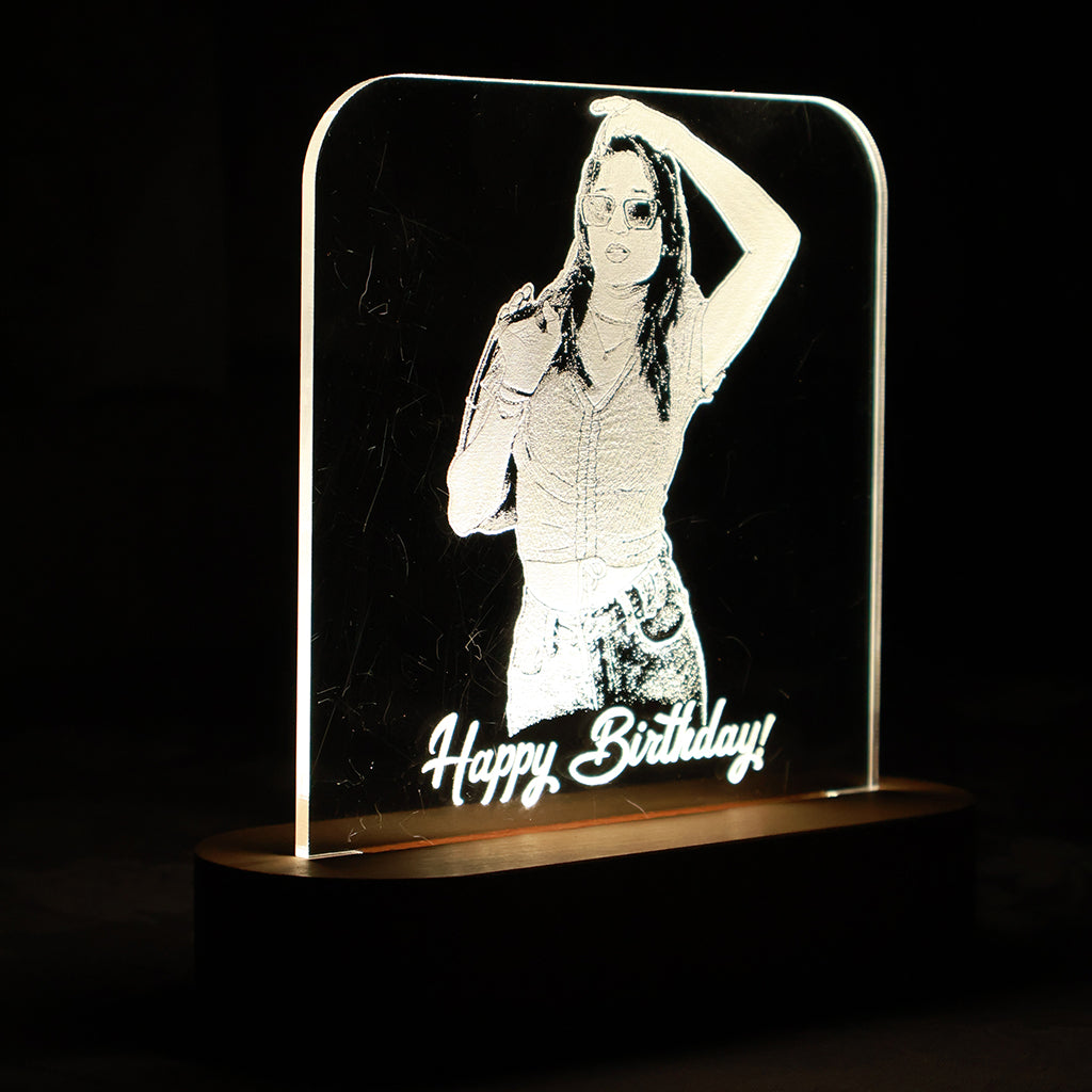 LED Acryllic Lamp Laser Engraved Photo with Wooden Base