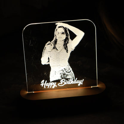 LED Acryllic Lamp Laser Engraved Photo with Wooden Base