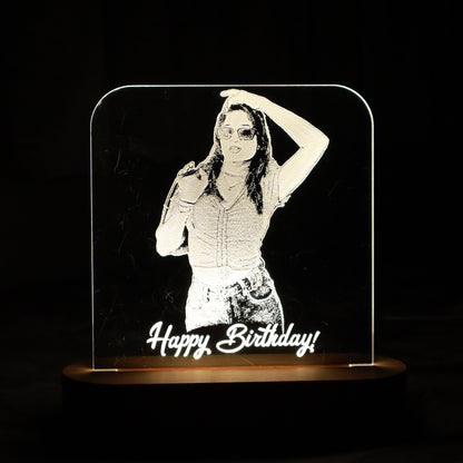 LED Acryllic Lamp Laser Engraved Photo with Wooden Base