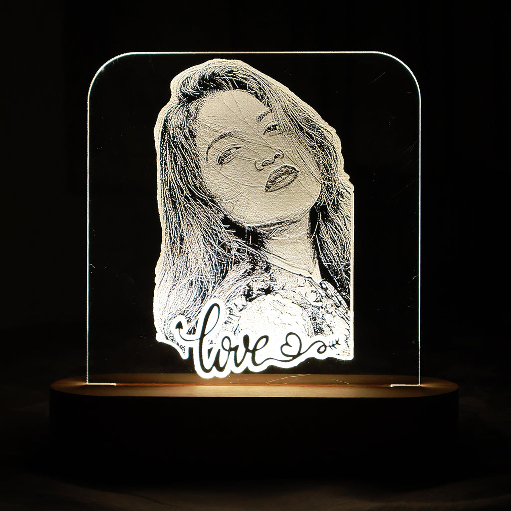 LED Acryllic Lamp Laser Engraved Photo with Wooden Base