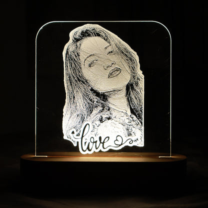 LED Acryllic Lamp Laser Engraved Photo with Wooden Base